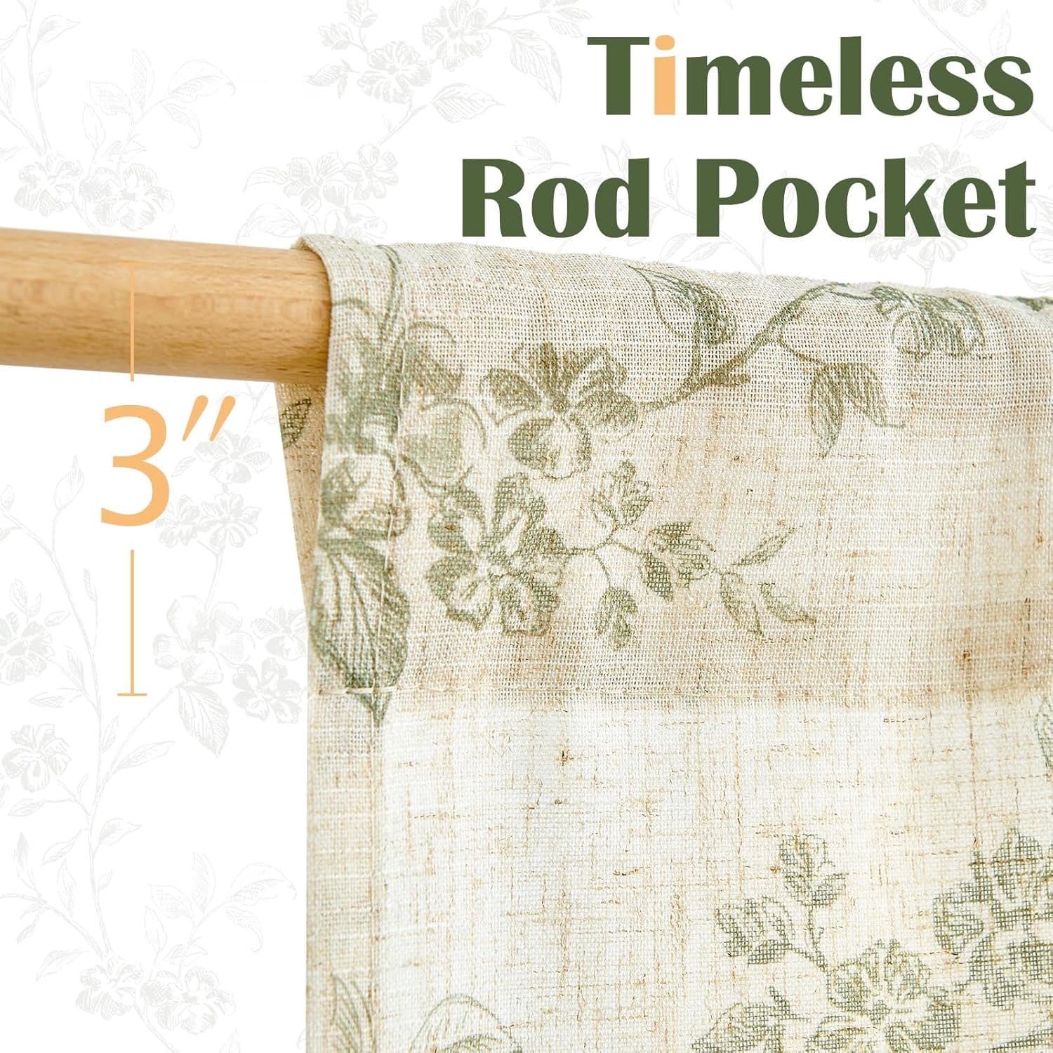 Floral Kitchen Curtains 36 Inch Linen Tier Curtains Farmhouse Cafe Half Window Drapes Over Sink Light Filtering for Living Room Laundry RV Rod Pocket 2 Panels Sage Green on Beige