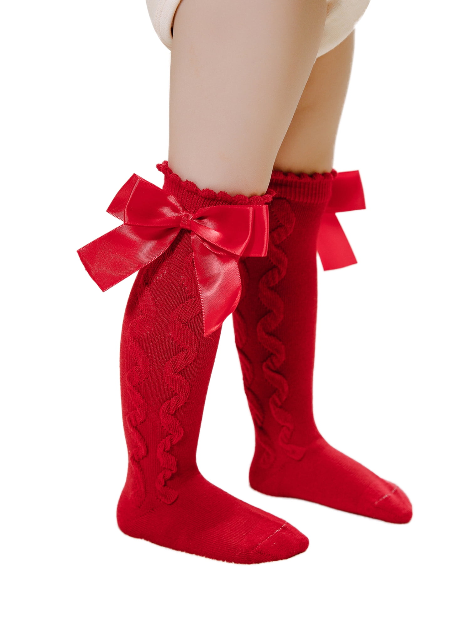 2 Pairs Girls Cable Knit Knee High Satin Bow Socks