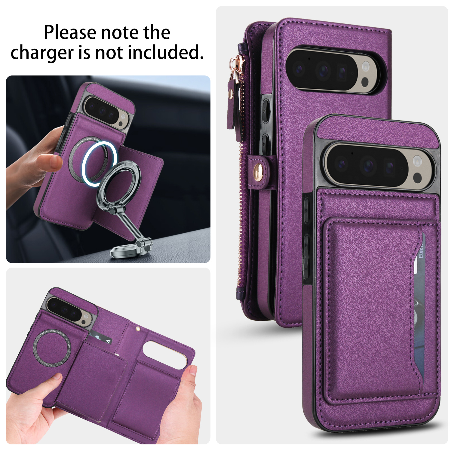 Designed for Google Pixel 8 Multi-Function Wallet Phone Case,With Shoulder Strap&Wrist Strap,Cash Pocket&Card Slots,Zipper Purse,Magnetic Detachable PU Leather Flip Phone Case,Purple