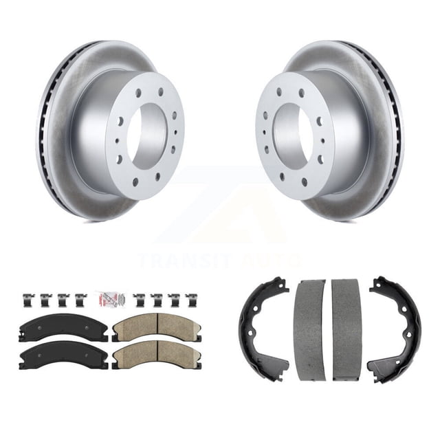 Transit Auto Rear Disc Coated Rotors Ceramic Pads and Parking Brake Shoes Kit for Car GMC Sierra 2500 HD Chevrolet Silverado Suburban 3500 with Pin Clip Type KGA-106656