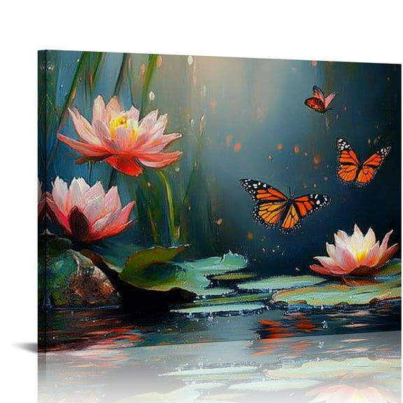 Patifu Pink Lotus Flower Canvas Wall Art Butterfly Picture Floral Landscape Painting, Turquoise Textured Artwork Large for Bathroom Living Room Bedroom Spa Yoga Office Home Decor 20x16in