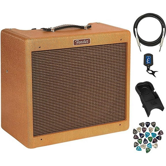 Fender Blues Junior Guitar Amplifier - Lacquered Tweed Bundle with Instrument Cable, Amperstand Guitar Cradle, Tuner, and Austin Bazaar Exclusive 24-Pack Picks