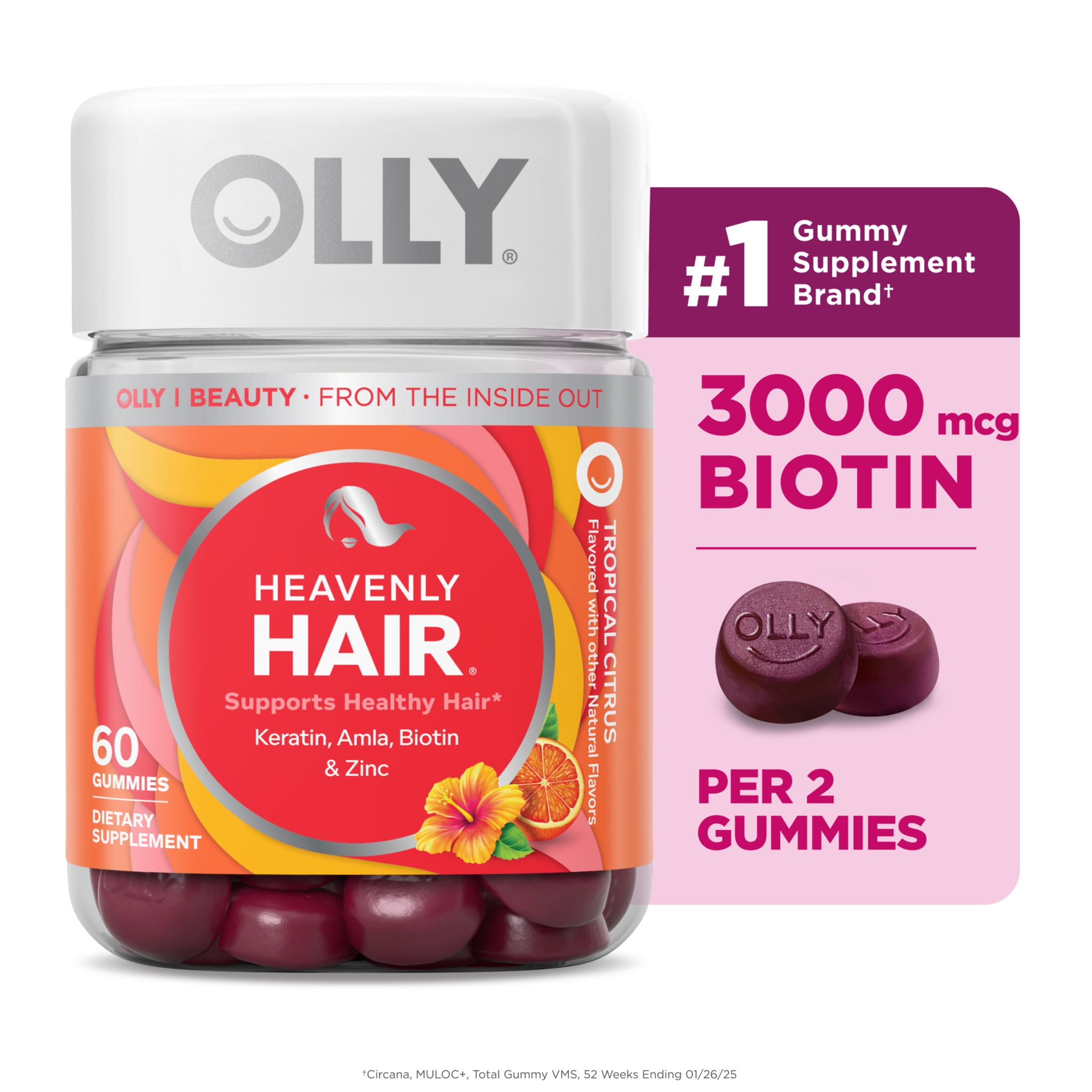 (3 pack) OLLY Heavenly Hair Gummy Supplement, Keratin, Biotin, Amla & Zinc, Tropical Citrus Flavored, 60 Count