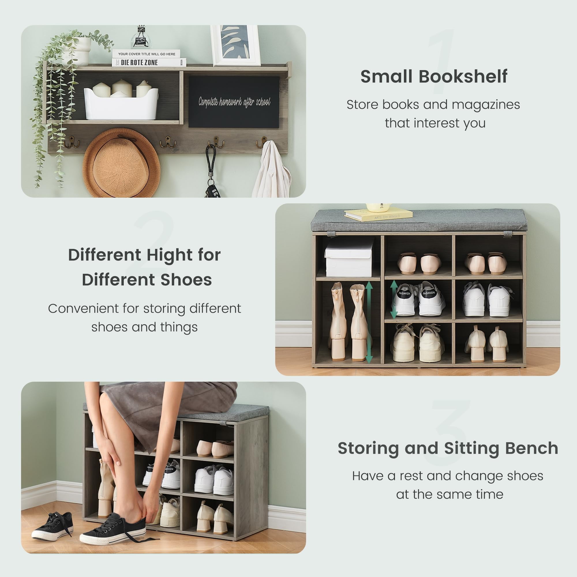TROPOW Hall Tree Shoe Bench Industrial 6 in 1 Coat/Shoe Rack with 5 Hooks, 9 Storage Cubbies with Bookshelf and Small Blackboard, for Entryway, Hallway, Living Room (Gray, 31.5 inch)
