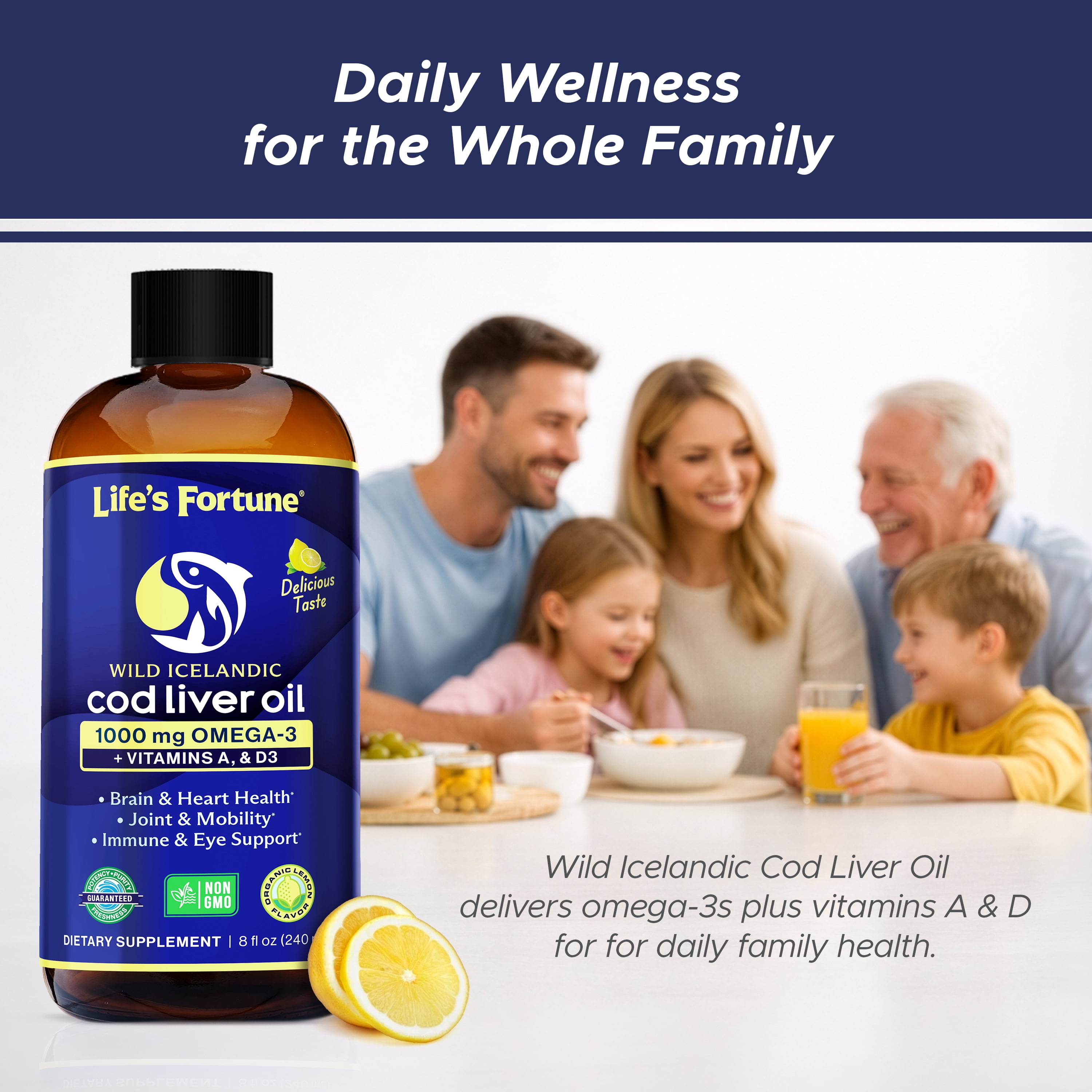 Life's Fortune Cod Liver Oil Liquid Organic Lemon Flavor, Fish Oil Supplement, 8 oz, 1000 mg