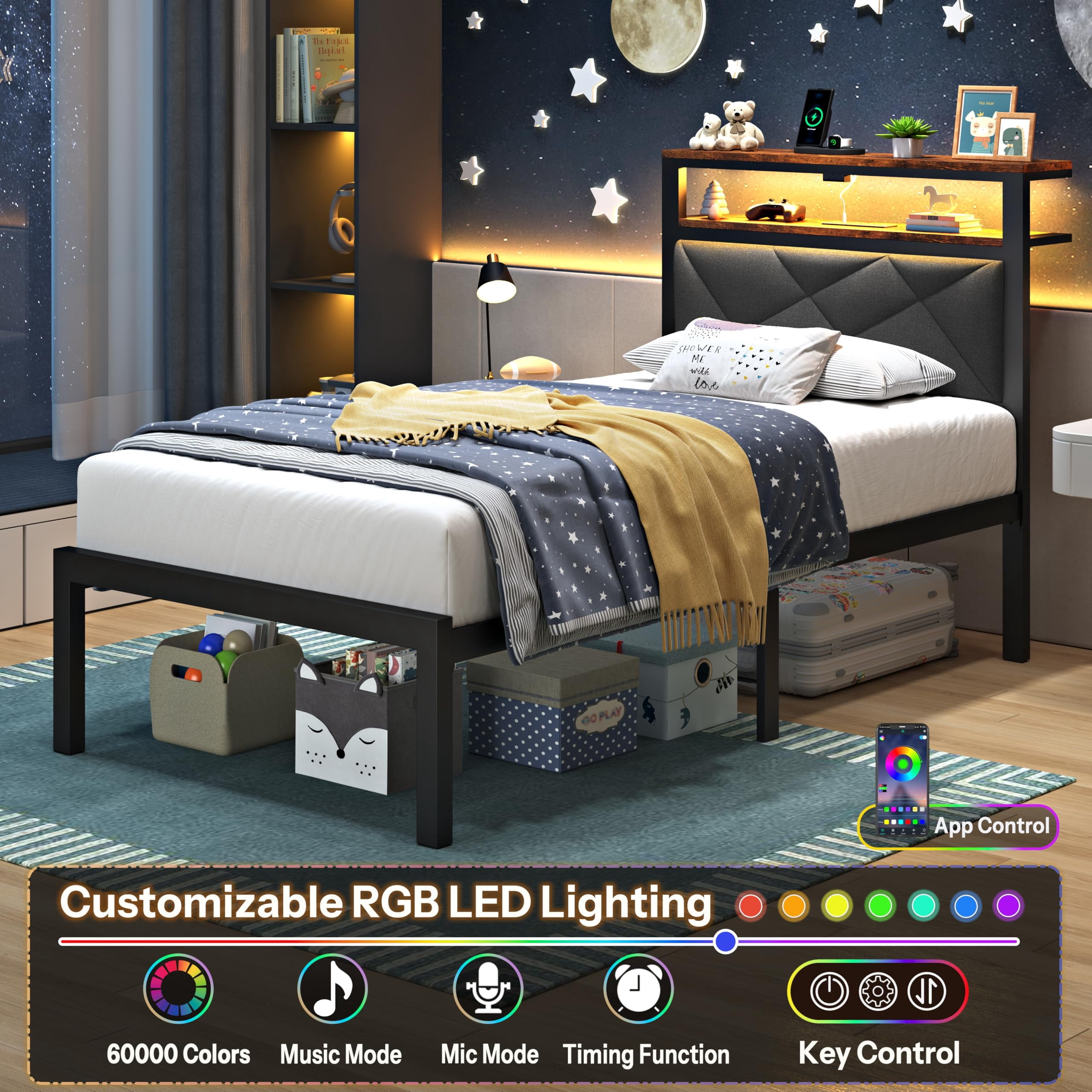 ChicZhiNest Twin Size Bed Frame with Storage Headboard and LED Light, Metal Platform Bed with Charging Station, Dark Gray