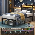 thumbnail image 3 of ChicZhiNest Twin Size Bed Frame with Storage Headboard and LED Light, Metal Platform Bed with Charging Station, Dark Gray, 3 of 8