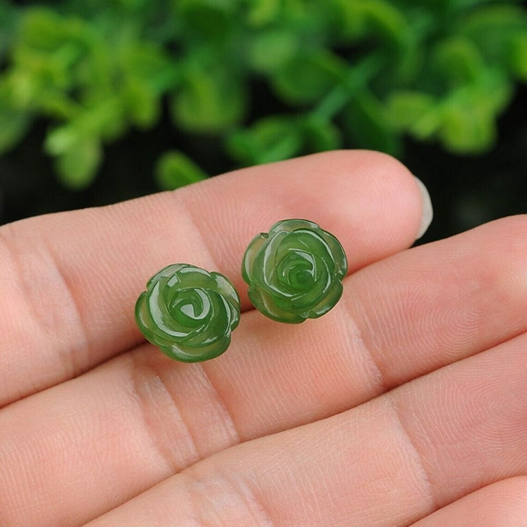 Green Jade Stud Earrings For Women - Natural Jade Flower, S925 Silver Posts, Gift Box