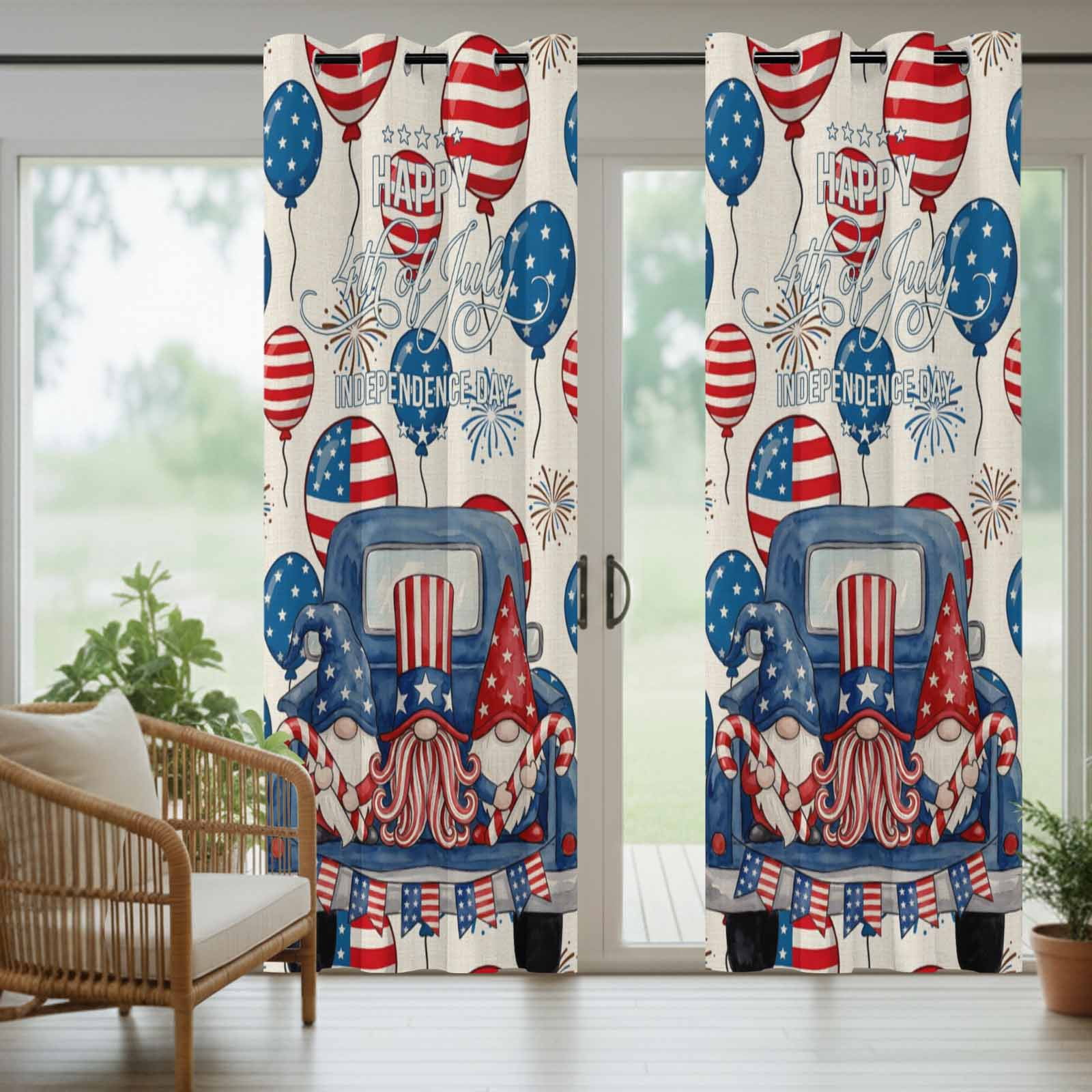 Independence Day Outdoor Curtains for Patio, Watercolor Blue Truck Colorful Balloon Cute Gnomes Sunshade Privacy Drapes Grommet Waterproof Outside Curtains for Porch/Cabana/Balcony 54"x 108", 1 Panel