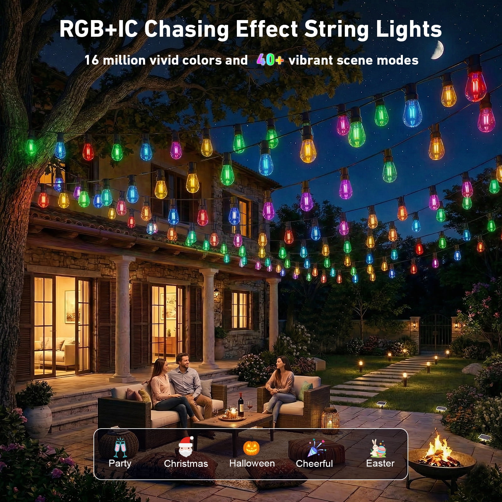 400FT RGB Outdoor String Lights, +IC Outside Light Dimmable Shatterproof LED Bulbs, IP67 Waterproof Chasing Effect Lighting DreamColor Patio Strip Lights for Backyard, Balcony, Outdoor Living