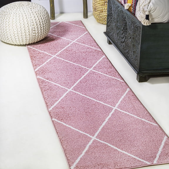 JONATHAN Y SUPERSOFT 2 x 10 Runner Rug, Cole Minimalist Diamond Trellis - Rose/White, SEU102B-210