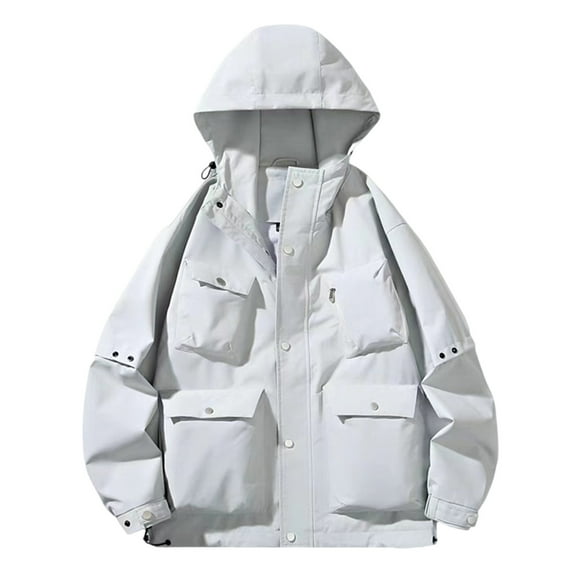 Windbreaker Jacket Men's Zip Front Windbreaker Jacket Fashion Solid Color Outdoor Hiking Long Sleeve Hooded Casual Outwear Jackets White 5XL