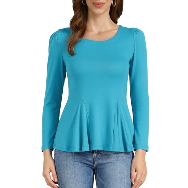 INSPIRAR CHIC Camisetas de Mujer de Manga Larga con Cuello Redondo Camisas Peplum Casual S Azul Lago