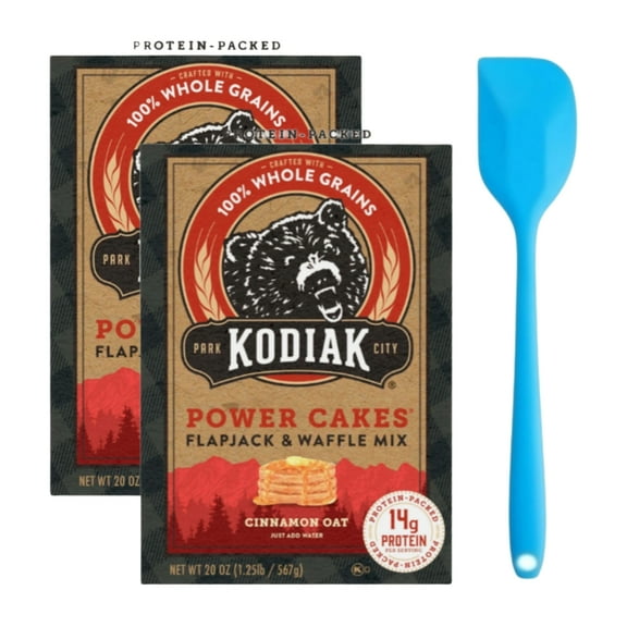 Kodiak Protein-Packed Power Cakes Cinnamon Oat Pancake and Waffle Mix, 20 oz Box (2 pack) and 8in Silicone Spatula (Color Varies)