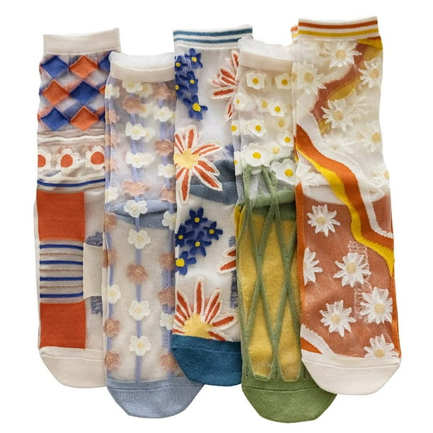 5 pares de calcetines transparentes para mujer, calcetines de cristal de jacquard elásticos de encaje de malla fina transparente de verano