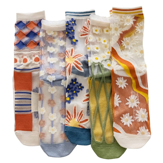 5 pares de calcetines transparentes para mujer, calcetines de cristal de jacquard elásticos de encaje de malla fina transparente de verano