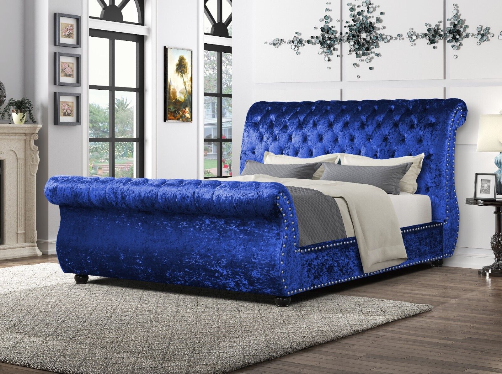 Modern 1pc Navy Blue Velvet Upholstery Tufted Nail Head Queen Size