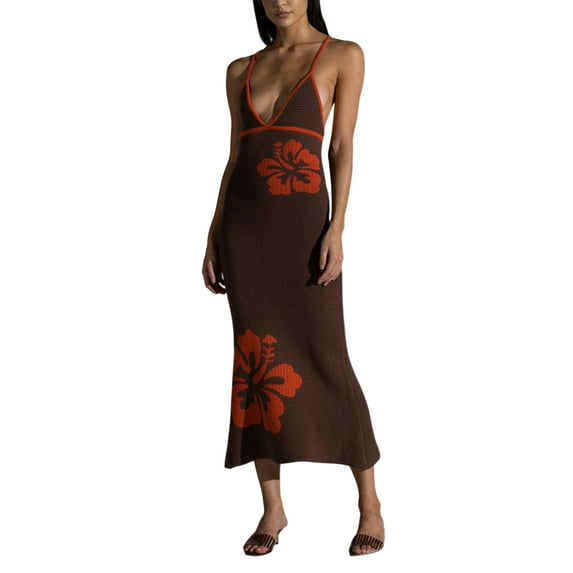 Coduop Women's Knitted Long Dress Halter Sleeveless Floral Print Casual Bodycon Midi Sling Dress