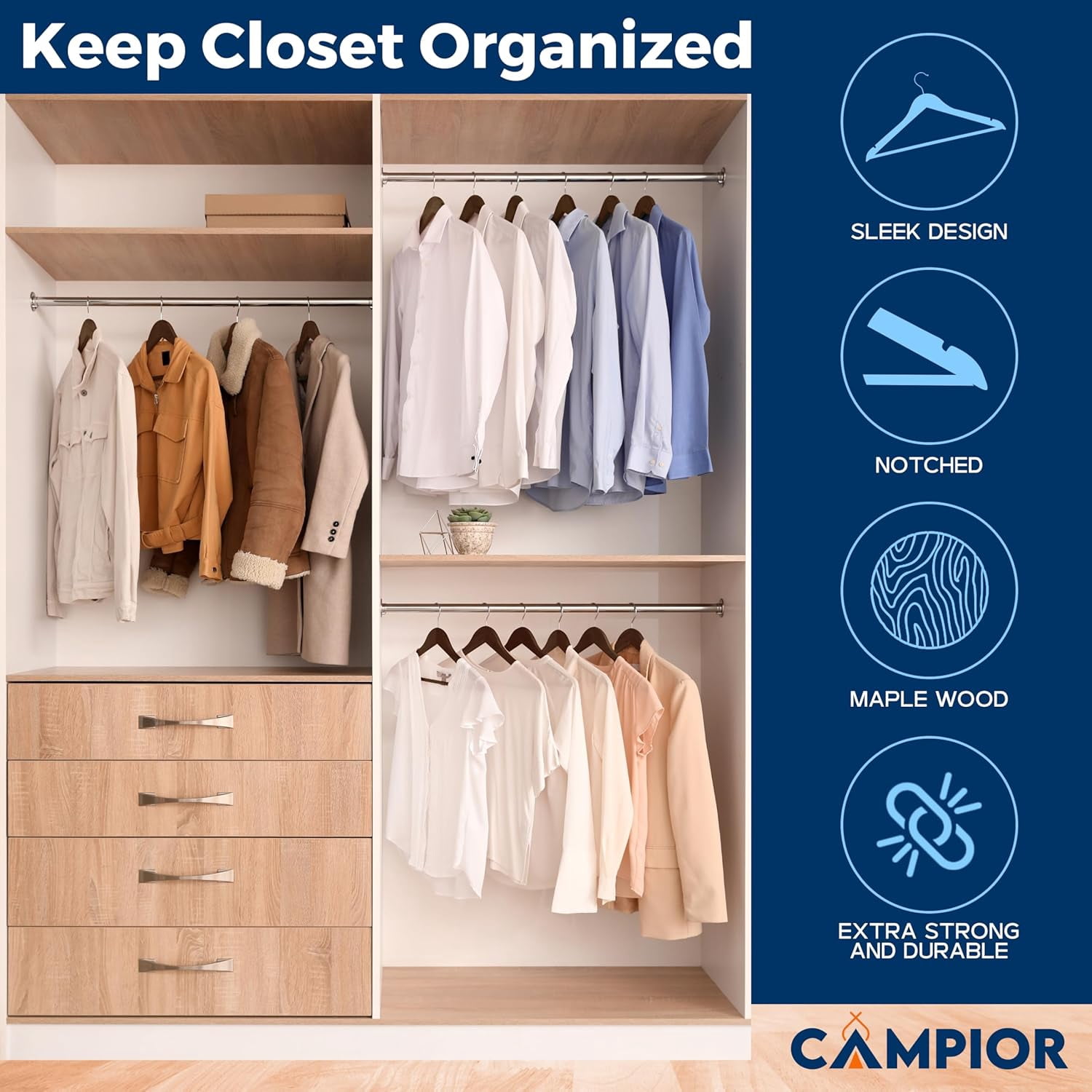 Brown Wooden Hangers 5 Pack – Heavy-Duty with 360° Swivel Hook, Non-Slip, Pants Bar & Shoulder Grooves - Wooden Hangers for Suits, Jackets, Dresses & Camisoles, Space-Saving and Smooth Finish