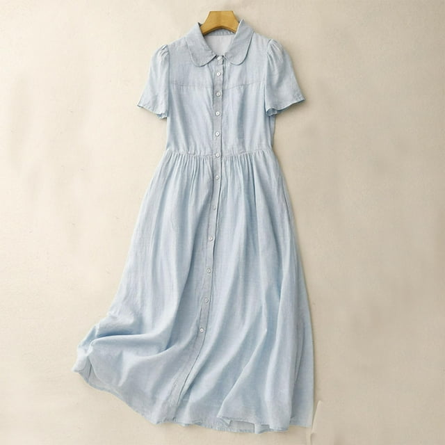 LOVZFMLL Women's Elastic Waist Loose And Comfortable Solid Color Doll Shirt Linen Dress Blue L