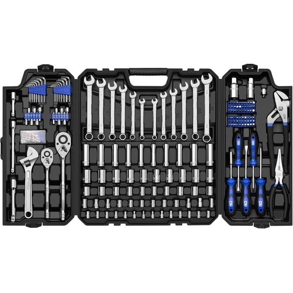 240- Mechanics Tool Set, General Assorted SAE/Metric Sockets and Wrenches Automotive Repair Tool Kit with Plastic Storage Toolbox
