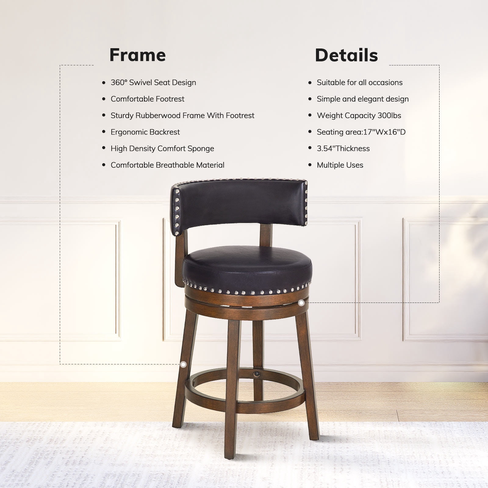 AFO Upholstered Swivel Bar Stool Set of 4 with Back - 24 Inch Counter Height Chair for Kitchen Island, Dark Brown