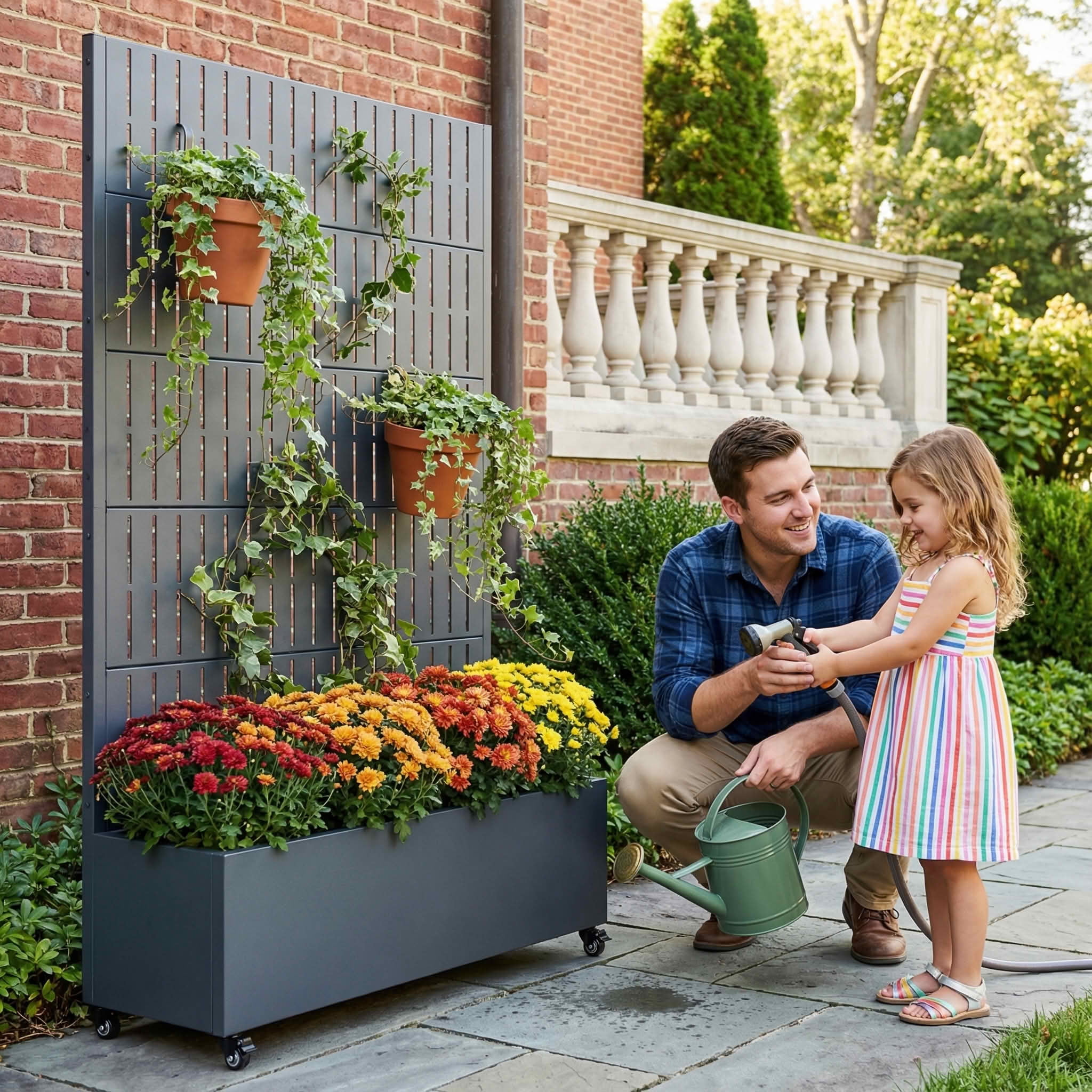 MAYEERTY 72X47" Metal Outdoor Cambrian Gray Privacy Screen with Planter Box for Backyard & Garden, 5 Piece Set