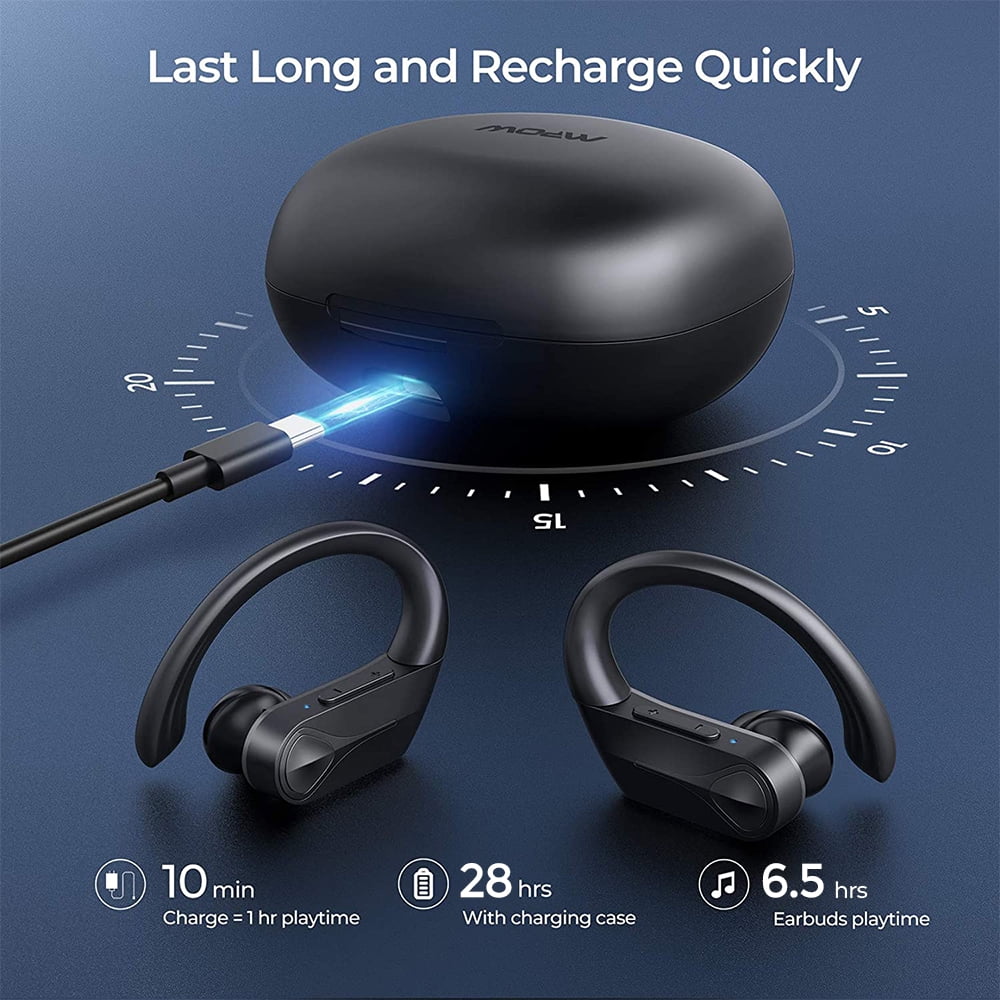 Mpow Flame Solo Bluetooth 5.4 Wireless Sports Earbuds - ENC Noise Cancellation, Punchy Bass HD Sound, 28H Playtime Fast Charging USB-C, IPX7 Waterproof Ergonomic Ear Hooks for Running Workout
