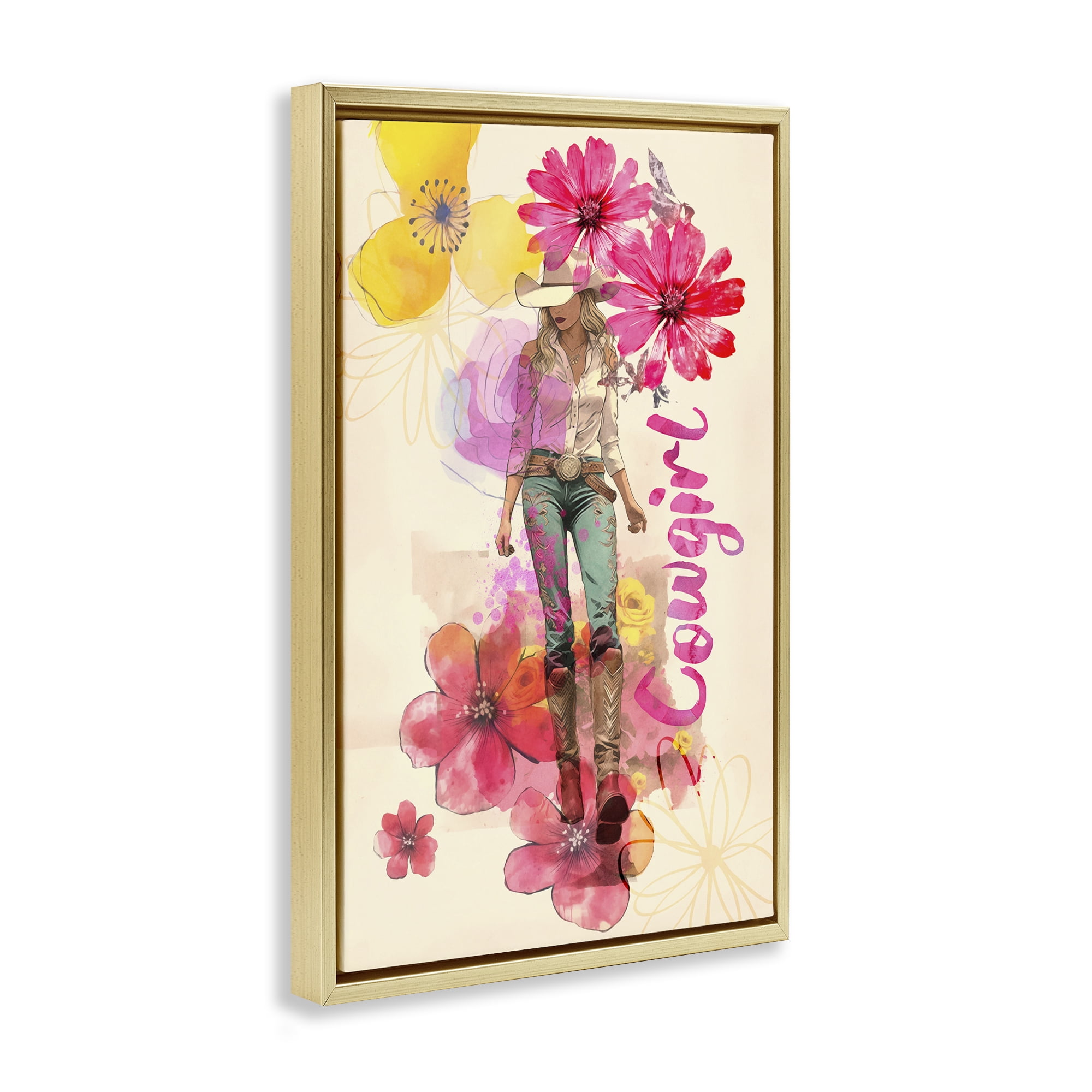 Stupell Industries Fancy Floral Cowgirl People Painting Gold Floater Framed Canvas Art Print Wall Art, 17 x 25