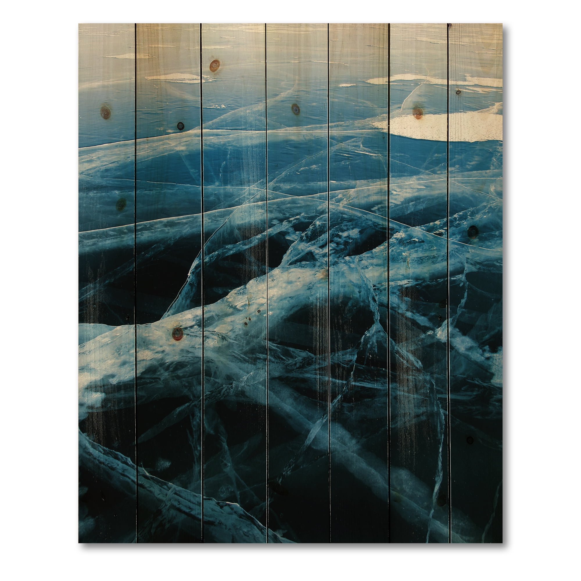 Designart 'White and Blue Ice Structure II' Modern Print on Natural Pine Wood