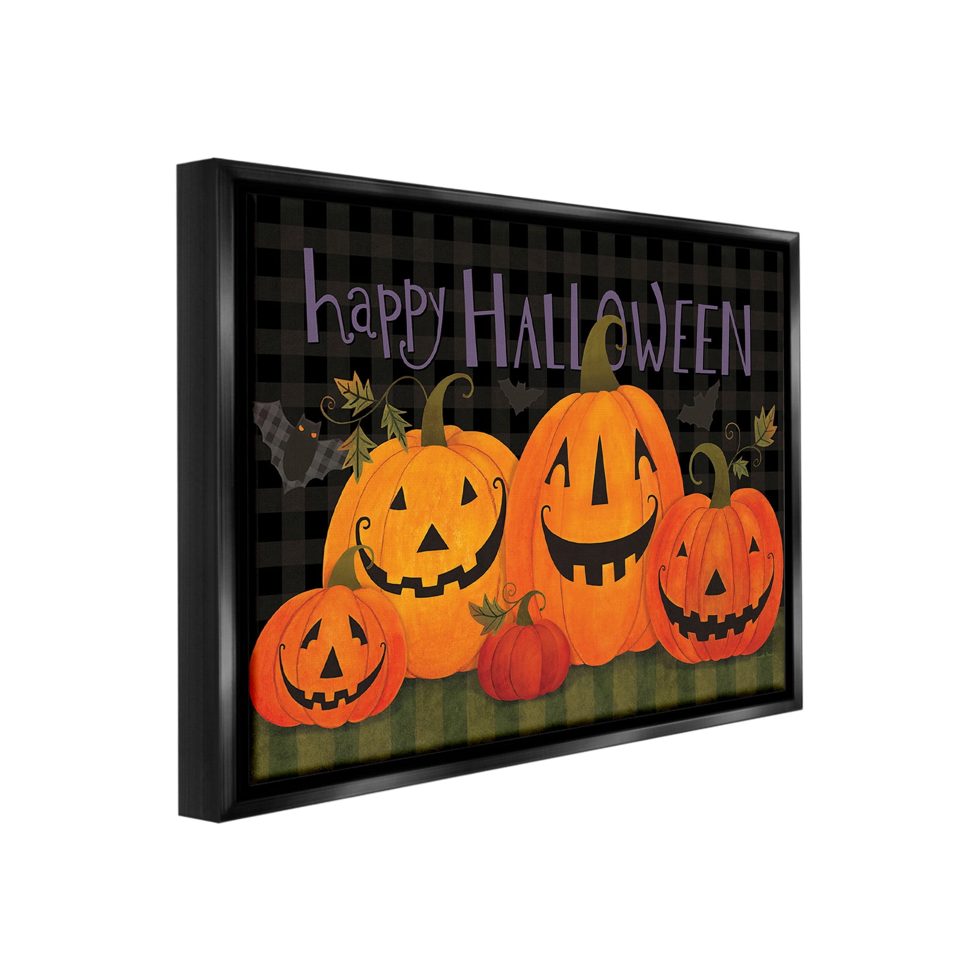 Stupell Industries Halloween Smiling Jack-o-Lanterns Holiday Painting Black Floater Framed Canvas Art Print Wall Art, 21 x 17