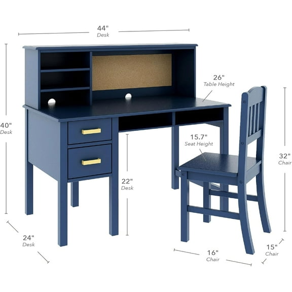 Kids' Study Desk and Chair Set with Hutch - Navy | Wooden Computer Workstation with Storage for Children