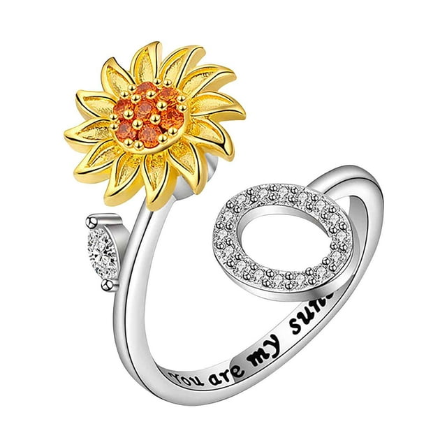 Censtreet Silver Fidget Rings, Adjustable Open Cubic Zirconia Sunflower Ring, Spinning Anxiety Rotating Finger Ring, Crystal Rhinestone Jewelry Gifts for Women