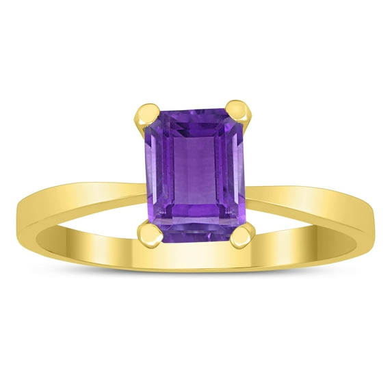 SZUL Women's Emerald Shaped 7X5MM Amethyst Solitaire Ring in 10K Yellow Gold