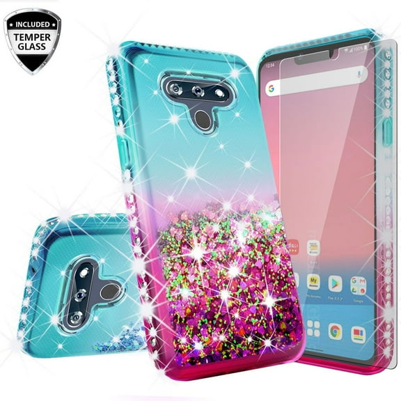 LG Harmony 4,K41,LG Premier Pro Plus Case w/[Temper Glass] Cute Glitter Liquid Quicksand Floating Sparkle Bling Girls Women - Teal/Pink