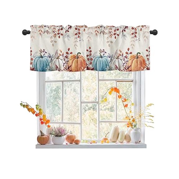 Fall Valance for Windows Autumn Pumpkin Curtains Valances Harvest Thanksgiving Rod Pocket Valance Window Treatments Maple Leaves Short Curtains for Kitchen Living Room Bedroom 54x18