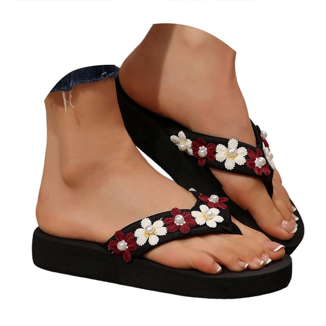 Dakaela Sandales de Plage pour Femmes à Semelle Compensée Plateforme Sandales à entre-Doigts Mariage Nuptiale Fleur Chaussures d'Été Rouge 6.5