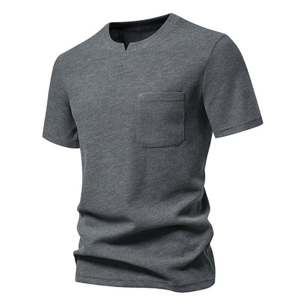 Camiseta informal de cuello en V para hombre: color liso con bolsillos, diseño moderno, tejido de poliéster, tallas S-XXL para uso diario.