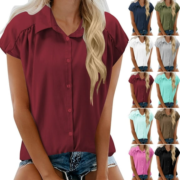 Jsaierl Womens Short Sleeve Cotton Linen Tops Casual Dressy Button Up Shirts V Neck Soft Tunic Blouses Trendy Solid T Shirt Top S-2XL