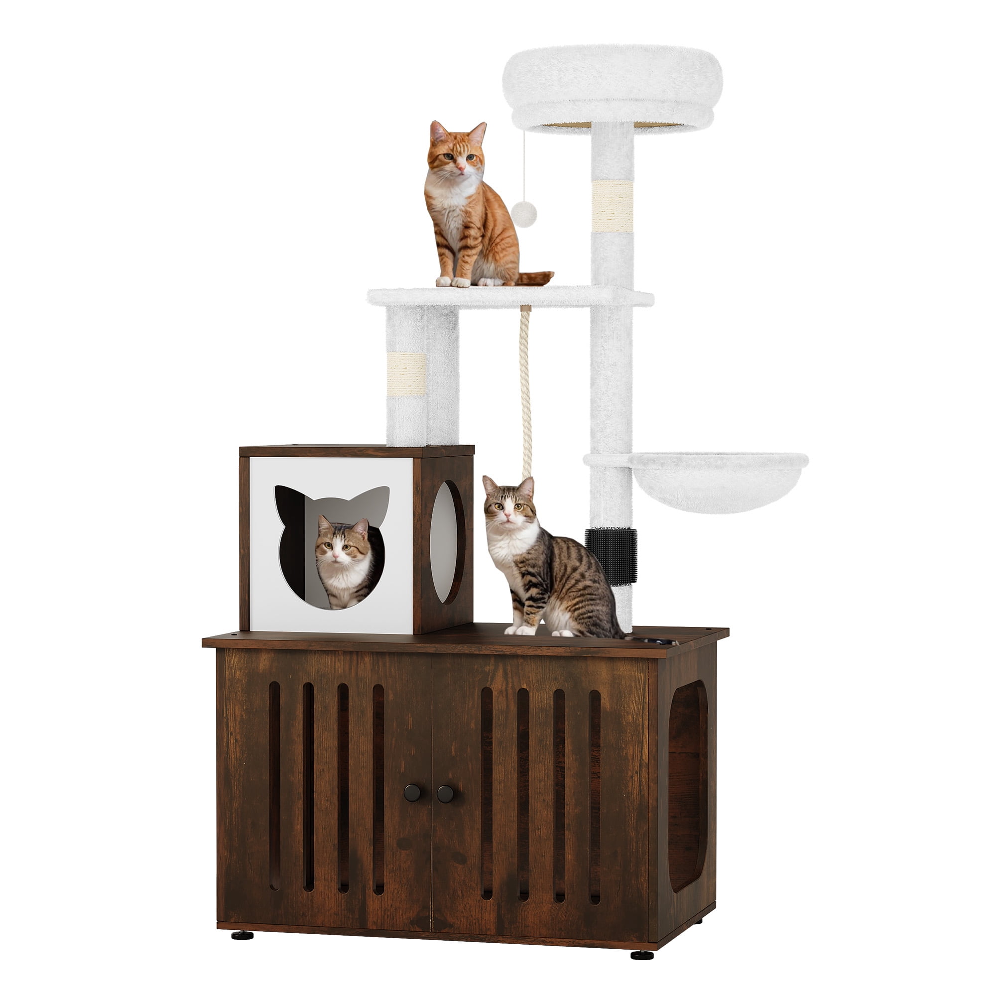 Dextrus 2-in-1 Cat Tree with Litter Box Enclosure,53.5" Large Modern Cat Condo with Scratching Posts, Perch, Food Station, Hammocks, Scratch Post, Rustic Brown
