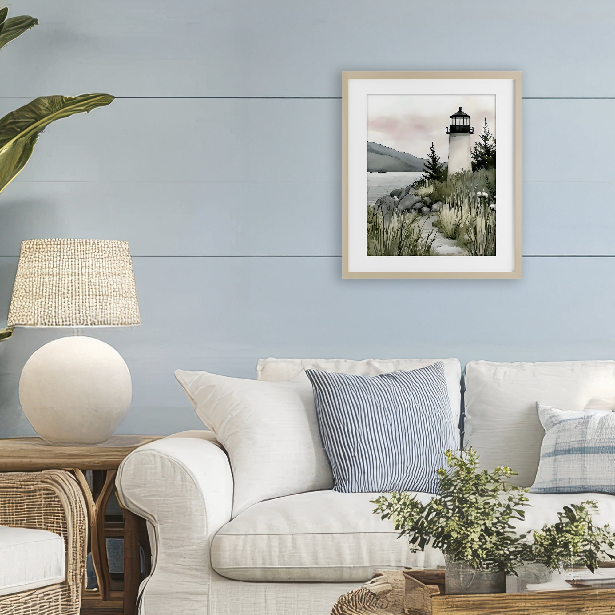 Stupell Industries Coastal Calm Lighthouse Birch Framed Print Under Glass, design by Riley B