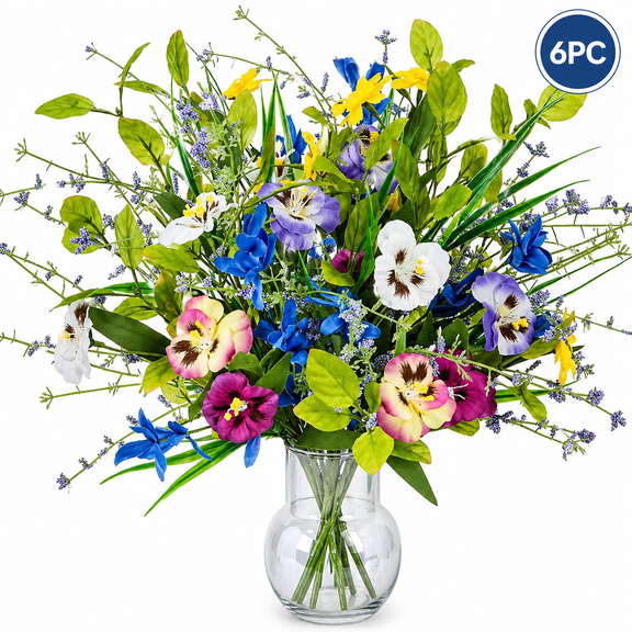 6 Pack Artificial Wildflower Bouquets, Mixed Color Faux Silk Flowers with Pansy Daisy Lavender for Summer Home Decor, Vase Arrangement, Porch, Patio and Garden Decoration