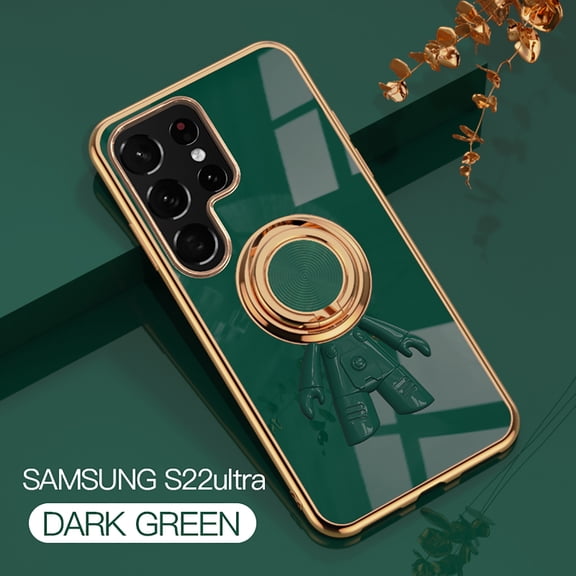 Compatible with Samsung Galaxy S22 Ultra Cute Case with 3D Astronaut 360 Ring Holder Hidden Kickstand Plating Camera Protection Cover Soft Silicone Bumper Phone Case for Women Men,Darkgreen