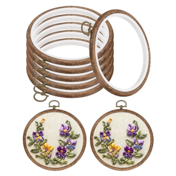 4inch Embroidery Hoop, 6pcs Cross Stitch Hoop Rubber Imitated Wood Circle Frame Ring for Embroidery Art Craft Sewing Ornaments Hanging Decoration