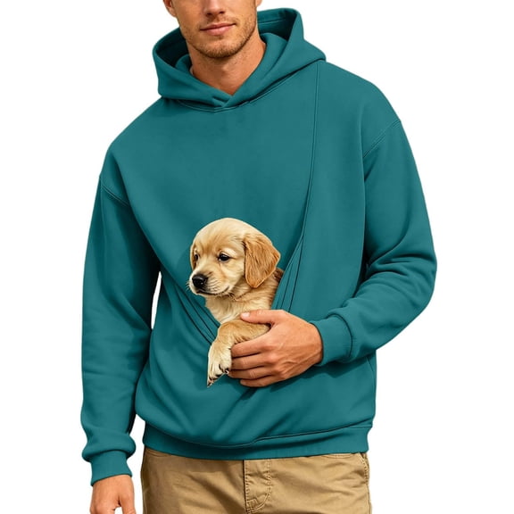 Men's Cat Dog Pouch Fleece Sweatshirts with Hood Pet Carrier Kangaroo Pouch Hoodies Loose Long Sleeve Winter Shirts Soft Warm Tops