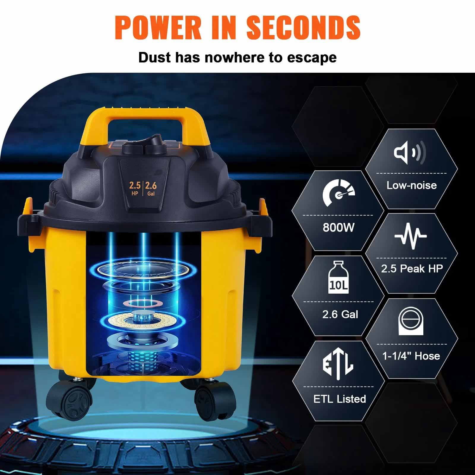 Wet Dry Vac 2.6 Gallon 3 in 1 Portable Shop Vacuum with Blowing Function, Attachments Storage, Perfect for Cleaning Floor, Upholstery, Gap, Car