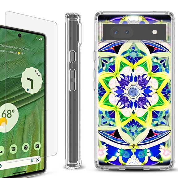 Shockproof Bumper Phone Case for Google Pixel 6a, with Tempered Glass Screen Protector, by OneToughShield ® - Mandalas Color