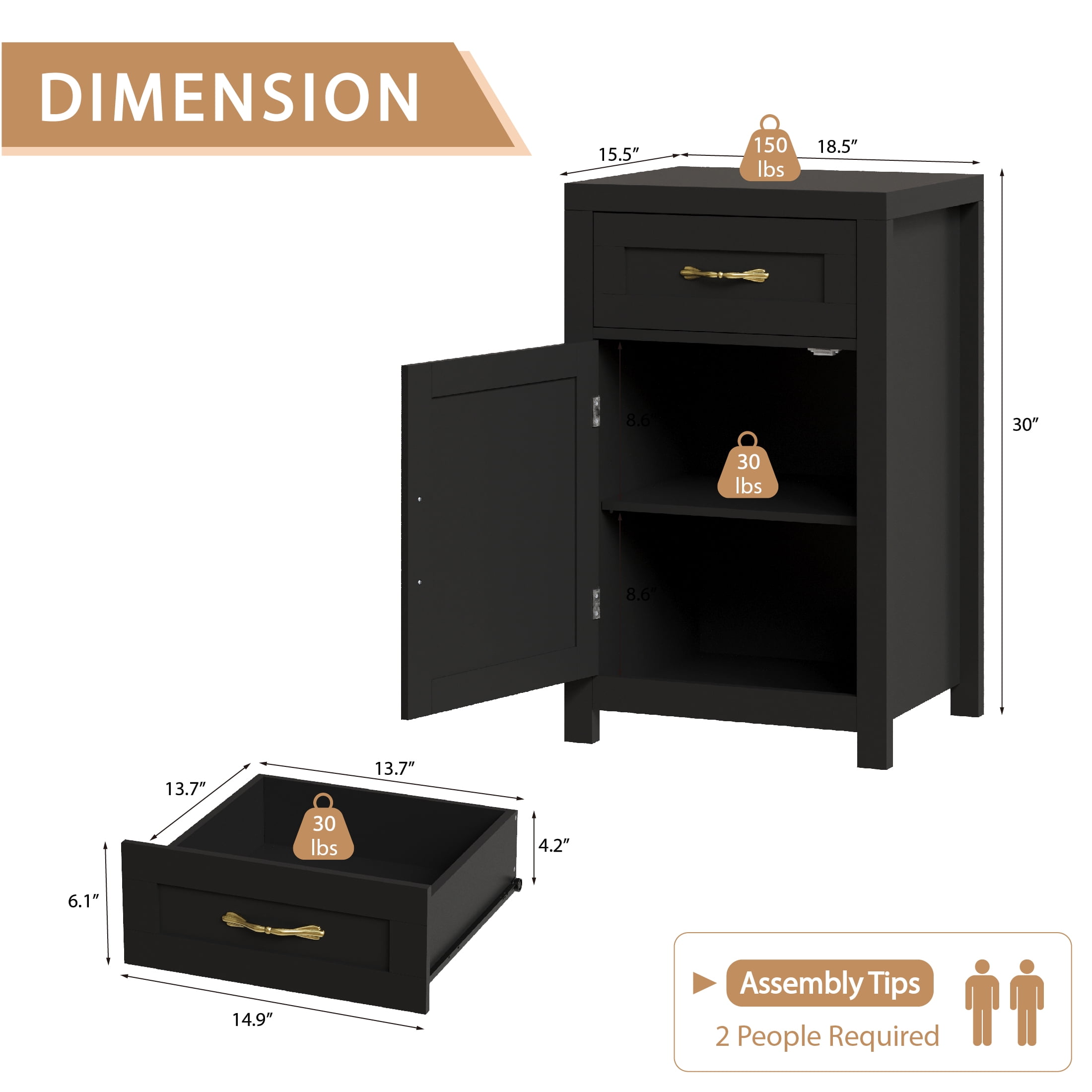 YouTrend Farmhouse End Table with Drawer and Storage Cabinet for Living Room,Rustic Adult Nightstand for Bedroom,Black