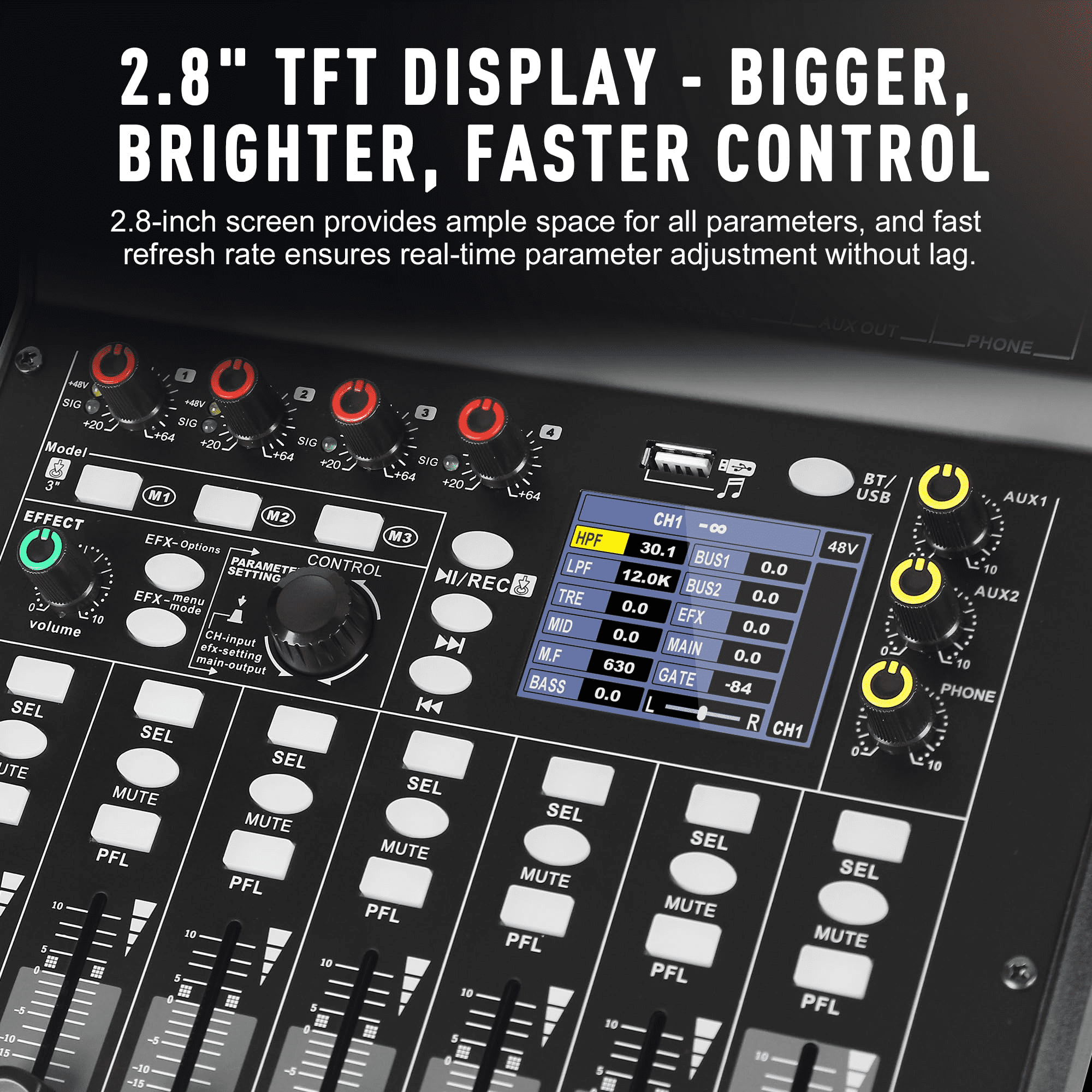 Digital Mixer 8 Channel Compact Audio Mixing Console with 16 DSP Effects, Professional 6-Band EQ DJ Music Sound Mixer with 2.0 USB Port, Bluetooth & PC Debugging for Recording Live Performance