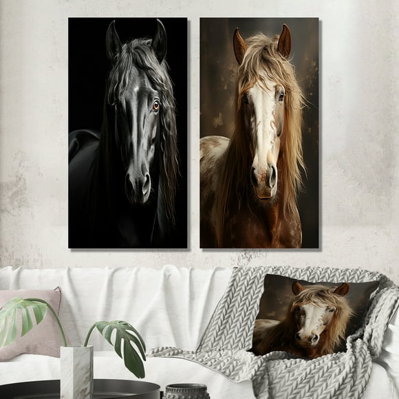 Designart "Vibrant Portrait Black White Horse" Horse Wall Art Set Of 2 - Black Animals Gallery Set For Office Decor